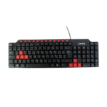 Vue de dessus du clavier CAPSYS KB150 AZERTY noir avec des touches de couleur rouge et câble USB 1