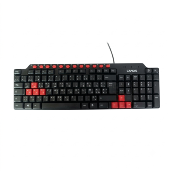 Vue de dessus du clavier CAPSYS KB150 AZERTY noir avec des touches de couleur rouge et câble USB 1