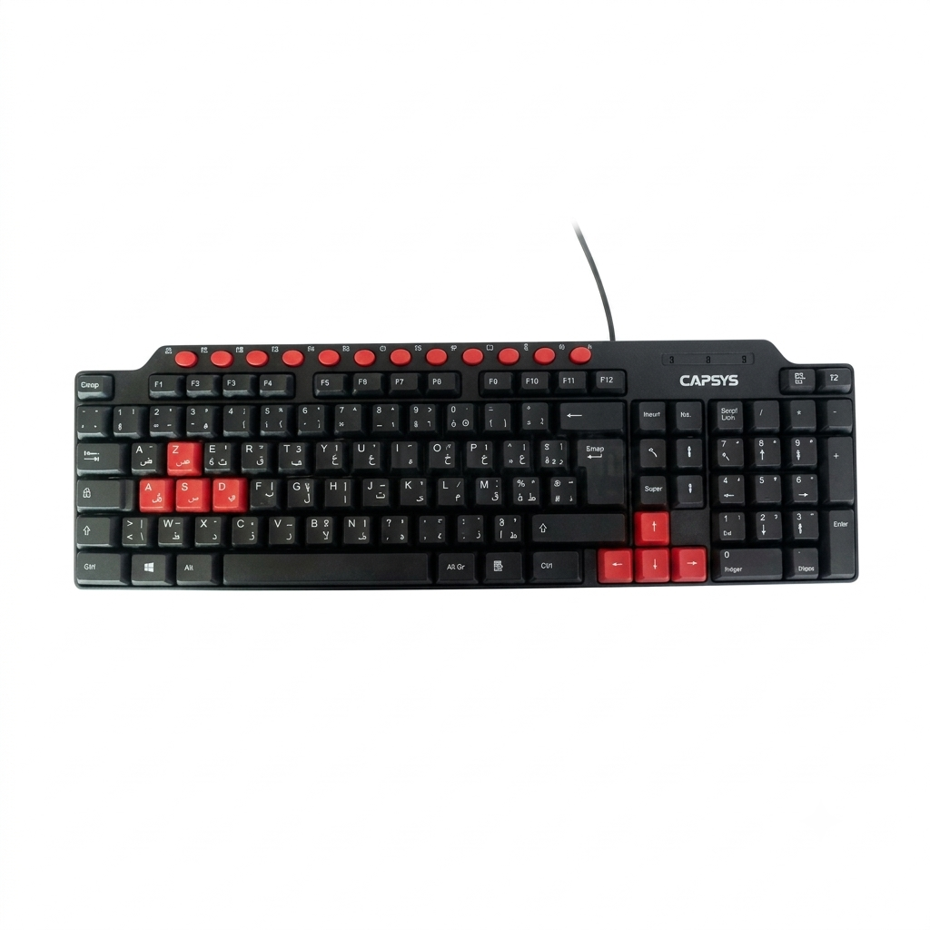 Vue de dessus du clavier CAPSYS KB150 AZERTY noir avec des touches de couleur rouge et câble USB 1 Vue de dessus du clavier CAPSYS KB150 AZERTY noir avec des touches de couleur rouge et câble USB 1