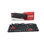 Vue de dessus du clavier CAPSYS KB150 AZERTY noir avec des touches de couleur rouge et câble USB avec boite