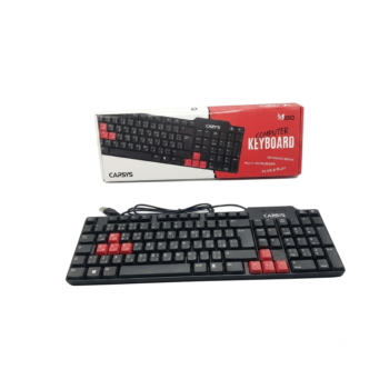 Vue de dessus du clavier CAPSYS KB150 AZERTY noir avec des touches de couleur rouge et câble USB avec boite