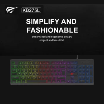 Vue de face du clavier Havit KB275L AZERTY noir avec rétroéclairage LED multicolore allumé